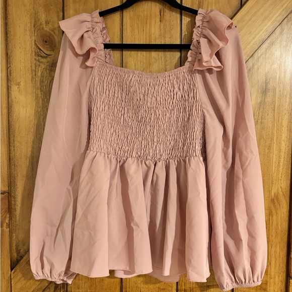 SHEIN Plus Size Peplum Blouse 2X Pink Square Neck Lantern Sleeves - Picture 3 of 6